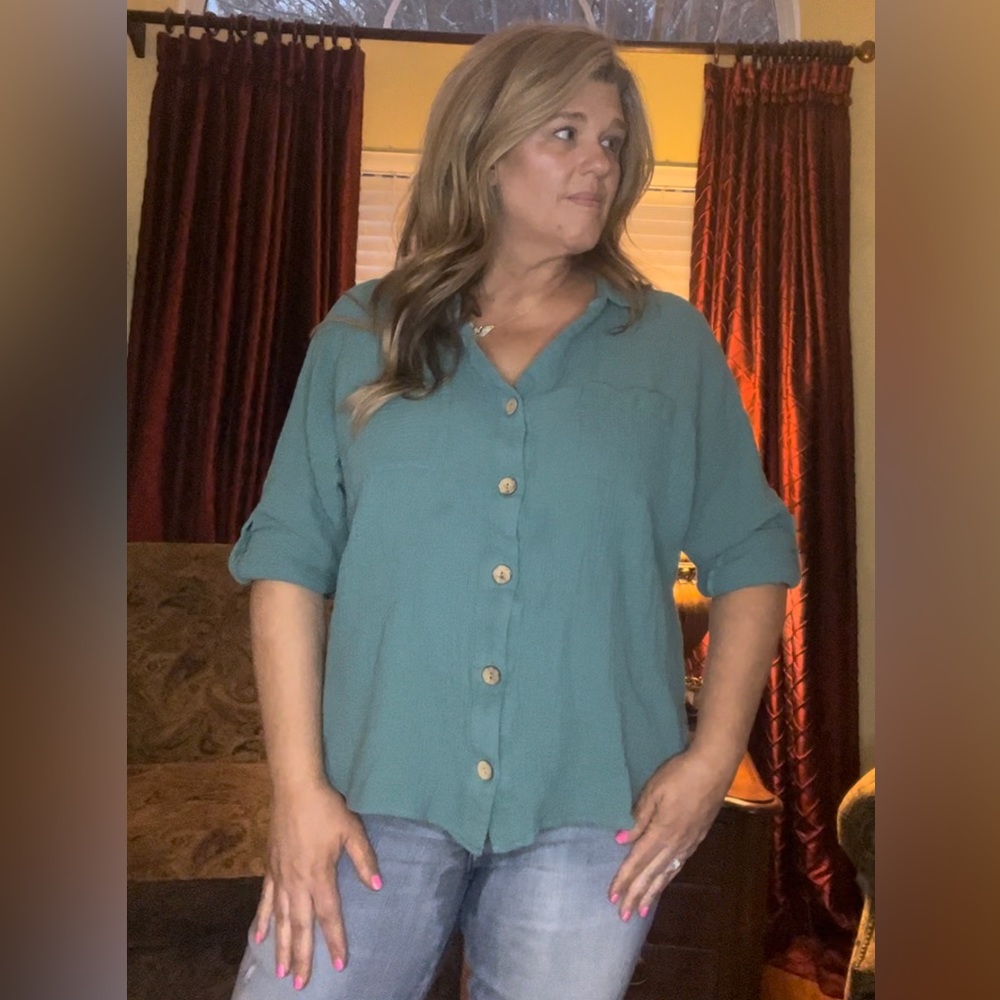 PS Kate Cotton Gauze Button Down Size 1X Forrest Green